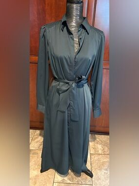 SHEIN Dark Teal Long Sleeve Belted Shirt Dress